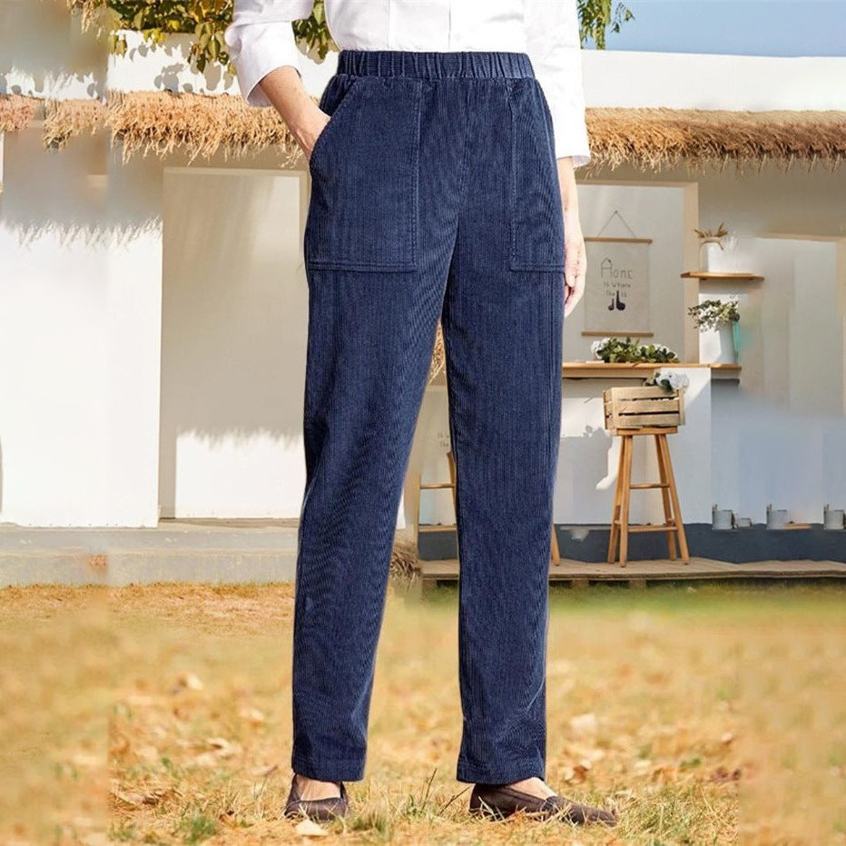 New Women's Clothing Solid Color Elastic Waist Striped Straight Leg Casual Pants