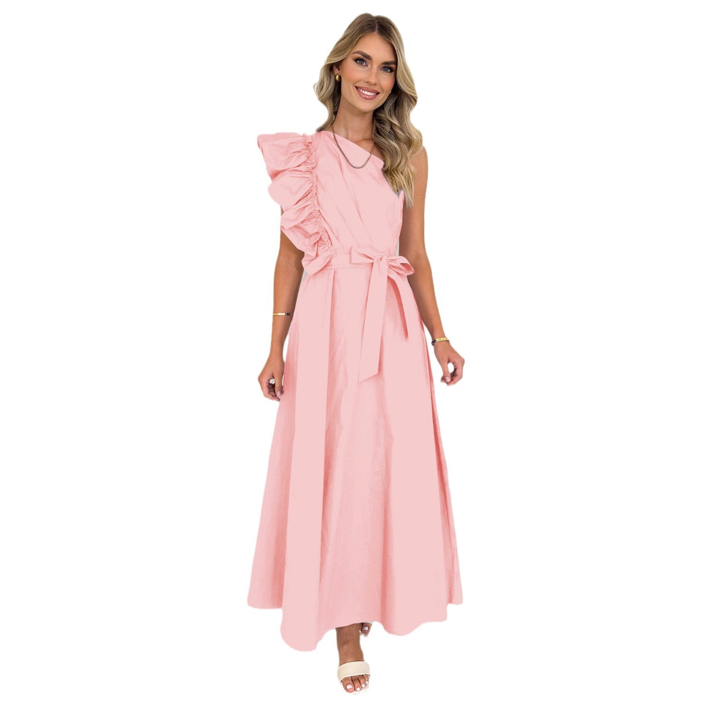 Women's Evening Gown One-Shoulder Lace-Up Dress Wooden Ear Fringe Bridesmaid Dress Toast Dress