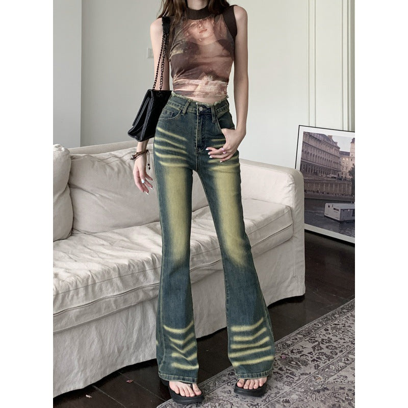 Early Fall New Retro Micro-Ripped Jeans Women Do Old High-Waisted Skinny Rough Edge Mop Bell Bottoms