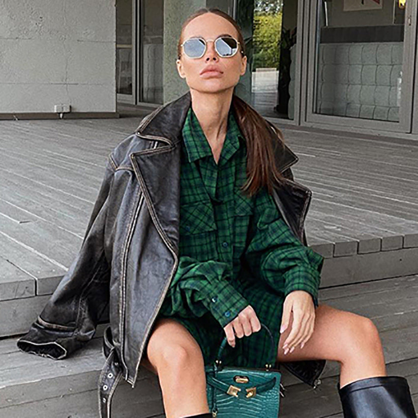 Women's Retro American Plaid Shirt Green Boyfriend Wind Long Loose Oversize Shirt