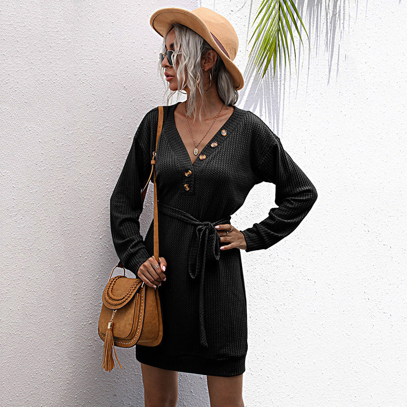 Elegant Autumn: V-Neck Black Slim-Fit Long Sleeve Button Sweater Dress