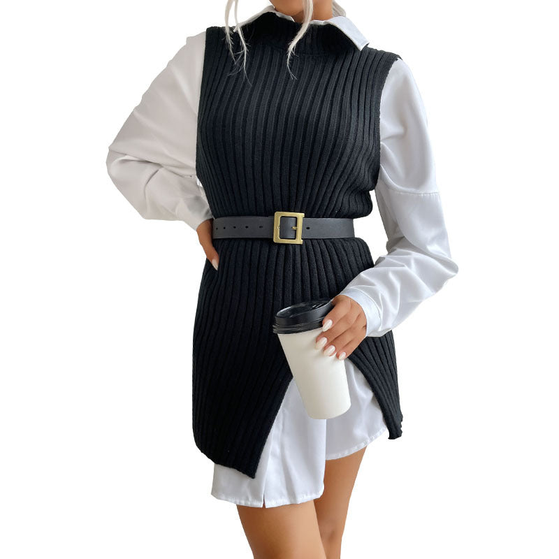 Early Autumn Women's Slit Solid Color Medium Long Vest Sweater