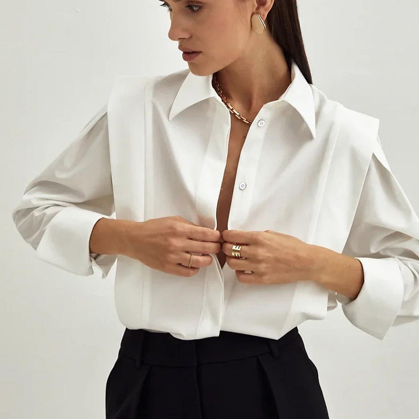 Autumn New Right Shoulder White Shirt Women's Commuter Temperament Design Sense Small Long-Sleeved Shirt Blouse