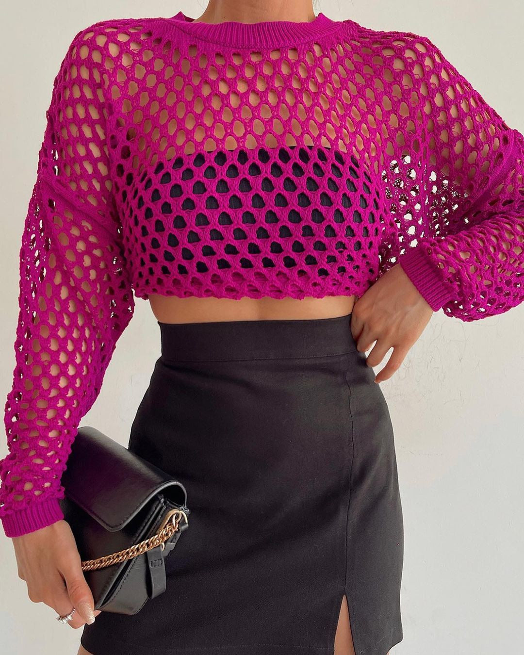 New Spring And Summer New Sweater Flared Sleeve Loose Round Neck Hollowed Out Sweater Woman