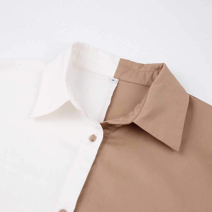 Autumn Women's New Color Contrast Long-Sleeved Shirt Shorts Two-Piece Cotton And Linen Casual Fashion Suit