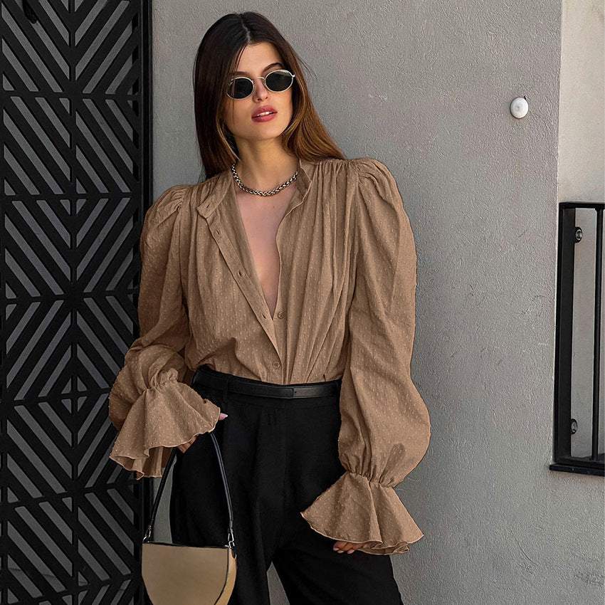 Autumn Temperament Fashion Jacquard Chiffon Shirt Female Niche Loose Ruffled Puffy Sleeve Shirt Top