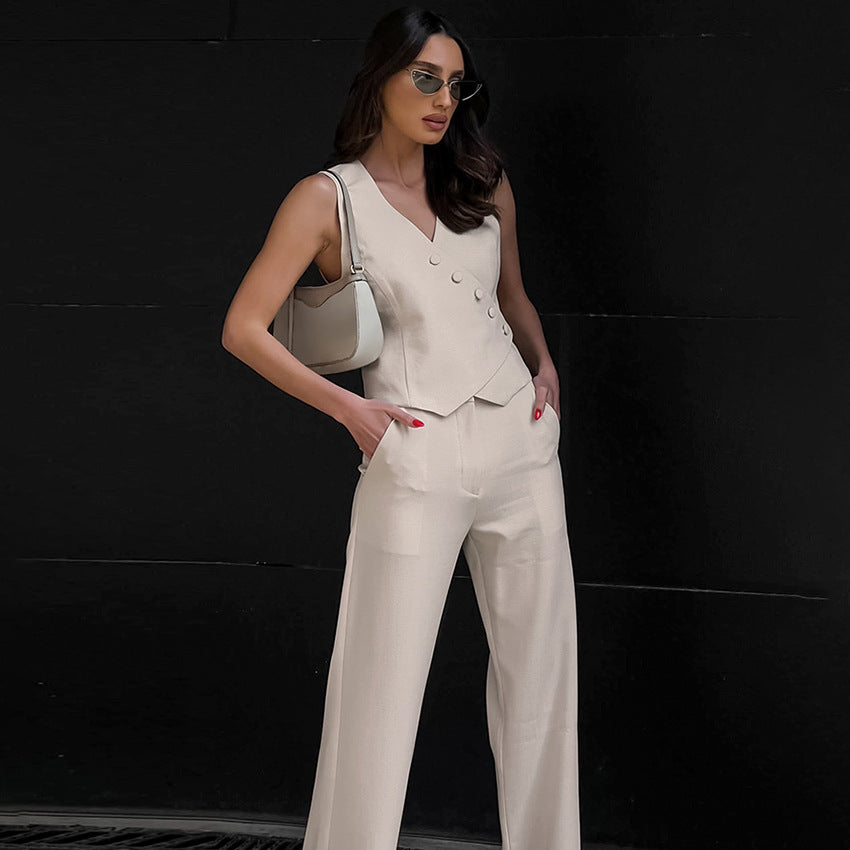 Commuter Apricot Cotton Vest Vest Vest Broadleg Pants Two-Piece Women's Summer Deconstruction Design Sense Suit
