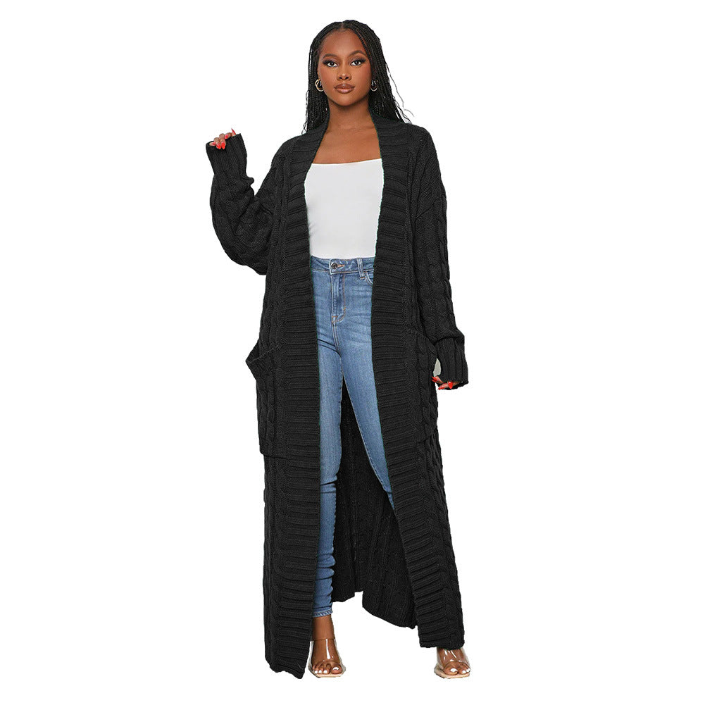 Women's Autumn And Winter New Loose Knit Cardigan Lazy Pocket Long Twist Sweater Coat