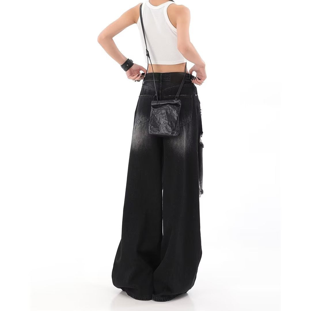 Black Ripped Jeans Female Hottie New Hip Hop Straight Floor-Length Wide-Leg Pants