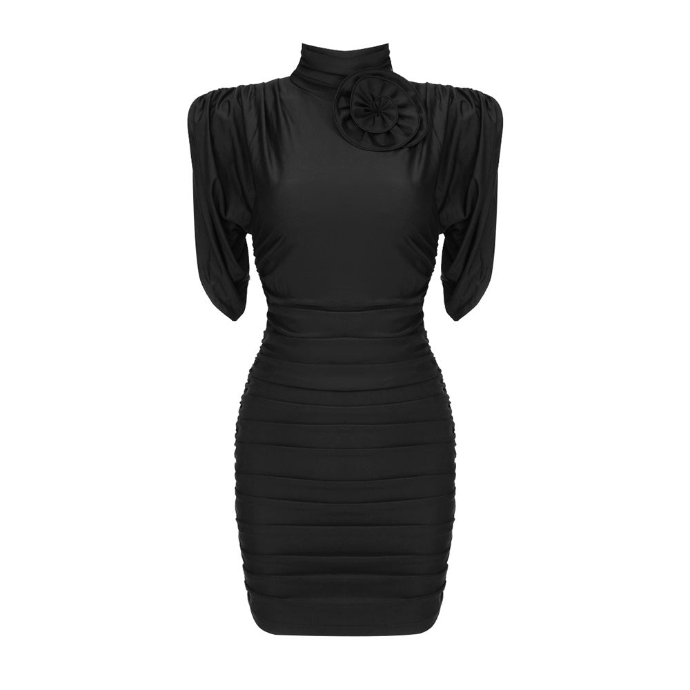 Summer New Pink Black Three-Dimensional Disk Flower High Neck Retraction Skirt Women's Dress Package Hip Skirt