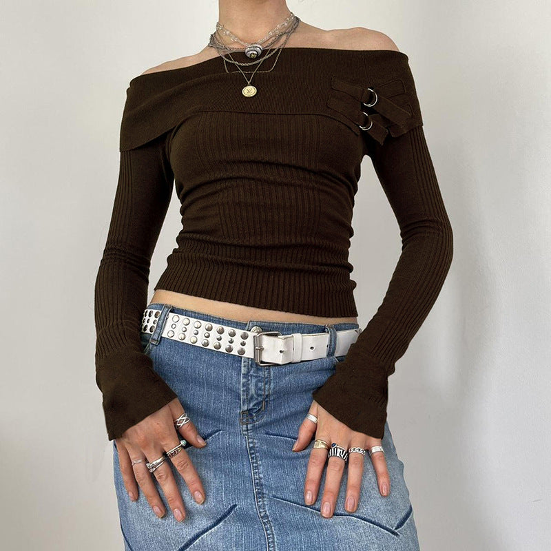 Brown One-Line Neck Sweater Women's Fall And Winter New Off-Shoulder Slim-Fit Bottom Jumper Knitted Long-Sleeved T-Shirt