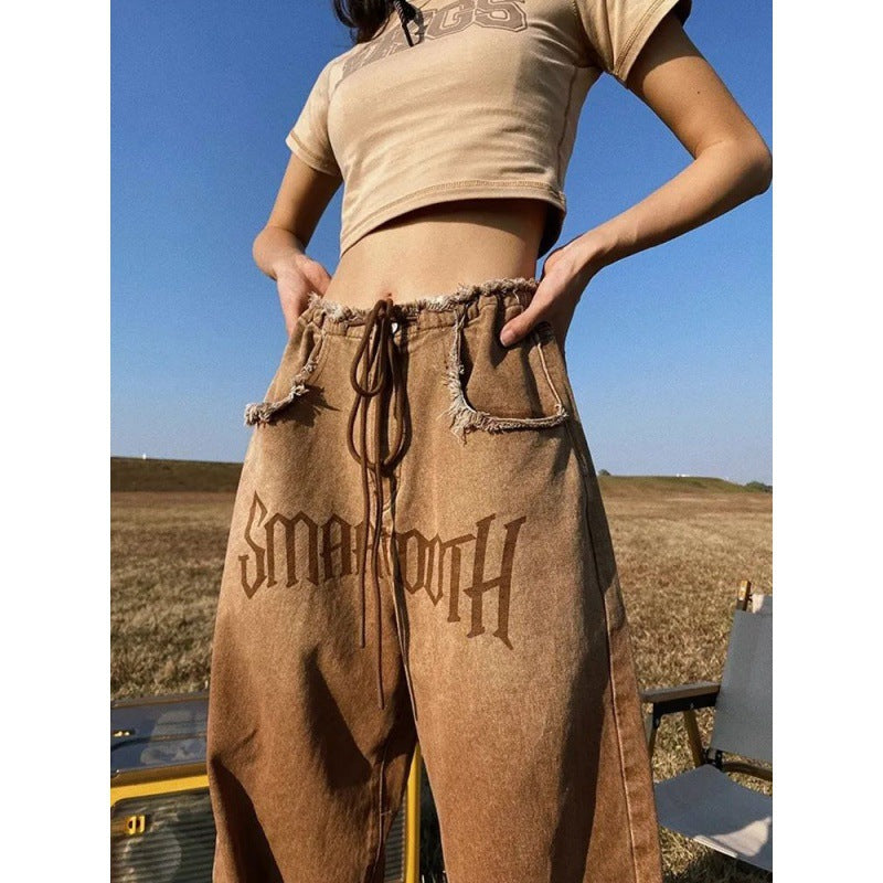 Retro Raw Edge Design Jeans Women's Summer Loose Wide Leg Slim High Waist Straight Leg Mop Pants