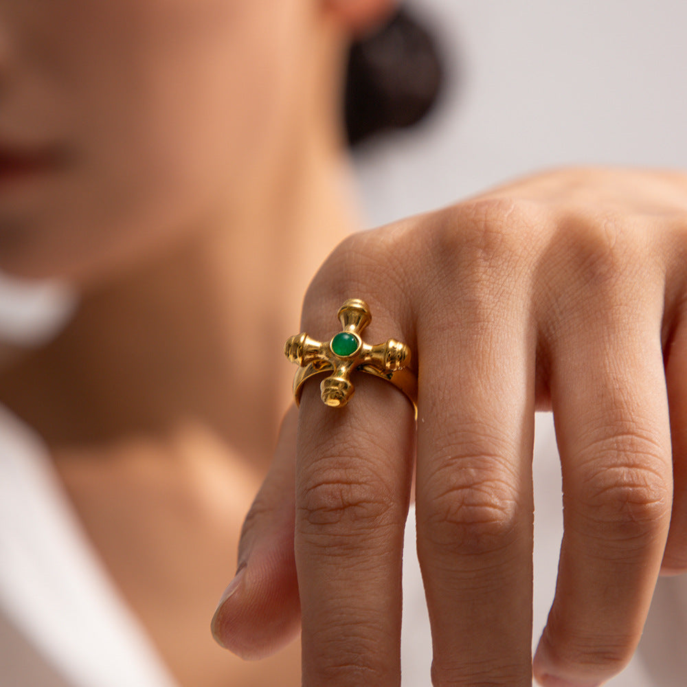 5pcs Niche Style Gold-Plated Titanium Steel Ring Female Stainless Steel Inlaid Stone Cross Fine Ring