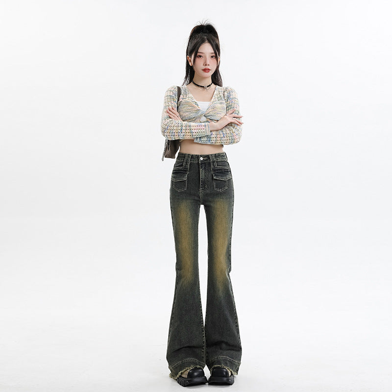 Retro Micro-Cropped Jeans Women Spring And Fall New Stretch Thin Bell Bottoms Design Sense Horseshoe Pants
