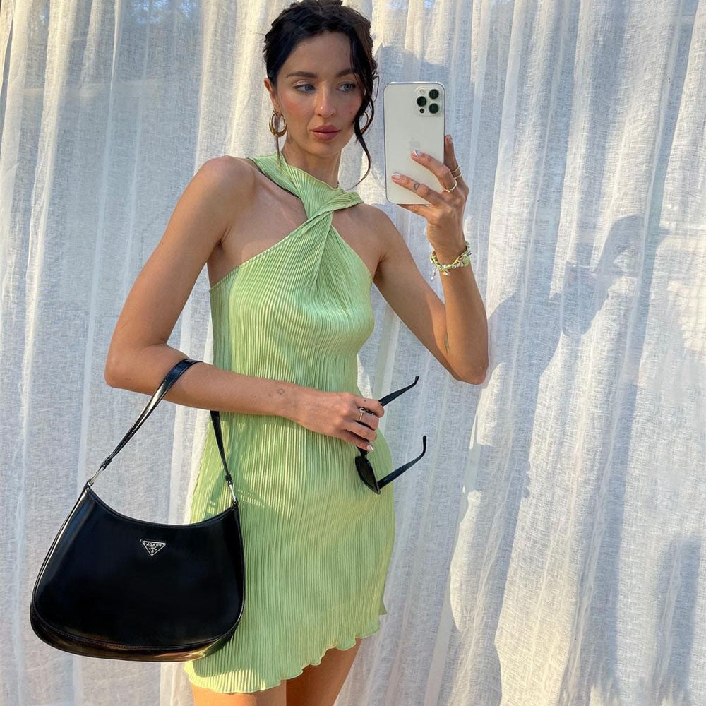 Y2K Wind Round Neck Knot Off-Shoulder Short Skirt Women's Summer New Pleated Sexy Dress
