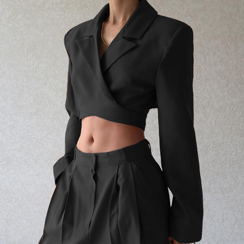 Brown Suit Neck Short Crop Top Trouser Suit New Fall Fashion Two-Piece
