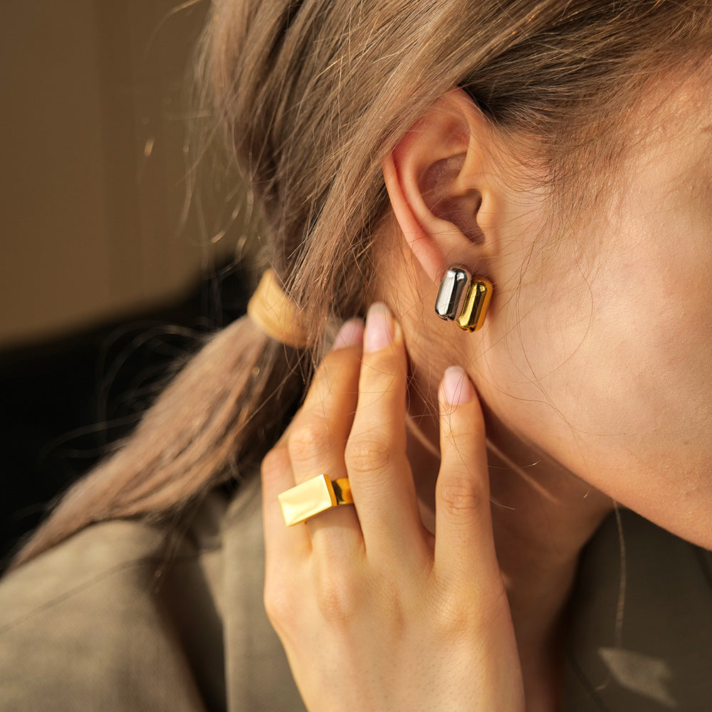 5pcs 18K Gold Stainless Steel Double-Color Earrings Style Gold And Silver Matching Color Titanium Steel Earrings Women's Fashion Personality Earrings