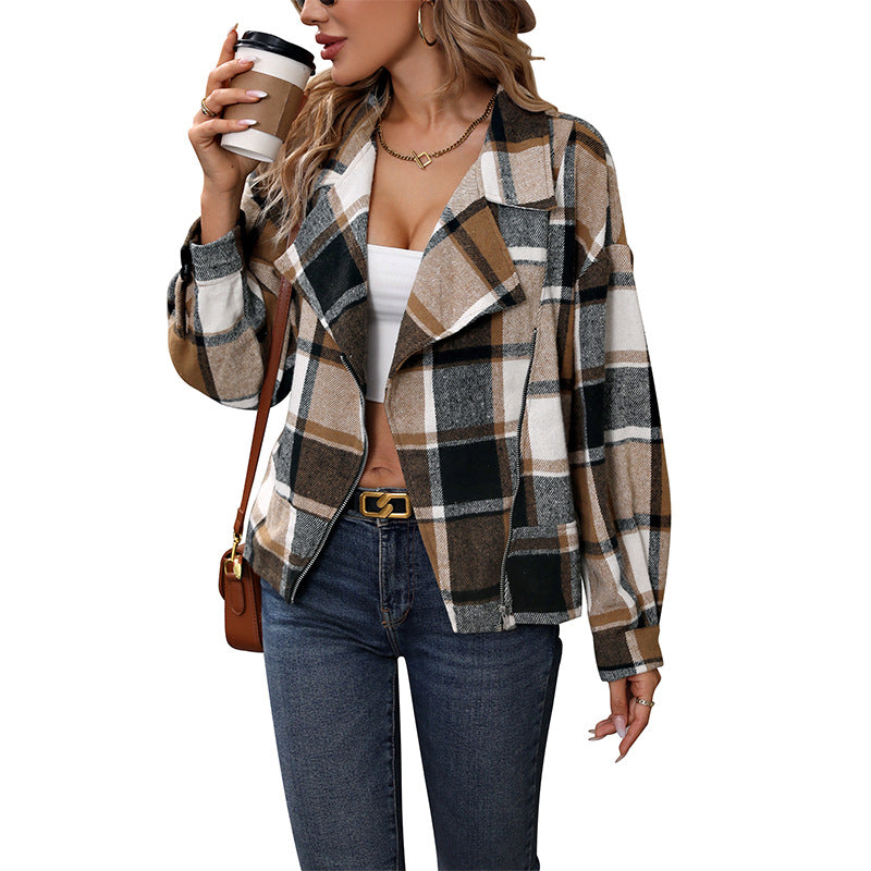 Ground Plaid Autumn Winter Plaid Cardigan Retro Lapel Zipper Coat Women