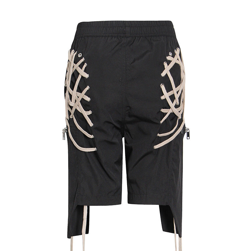 Tide Spring New Fashion Dark Tie Three-Dimensional Tie Five Quarter Pants Loose Zipper Cargo Casual Pants Women