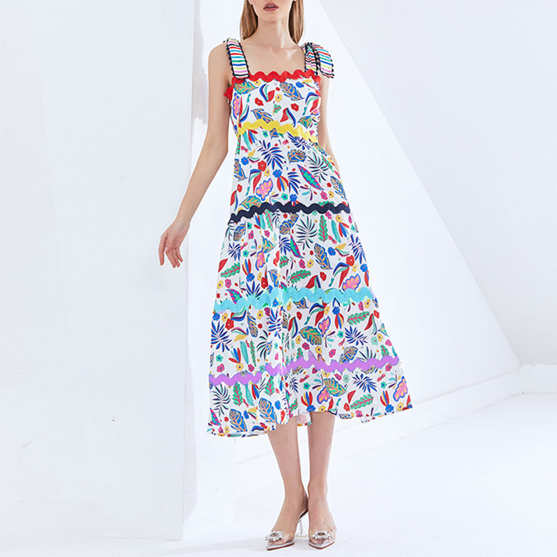 Spring New Fashion Temperament Printed Halter High Waist Slimming Big Swing Long Sexy Dress Female