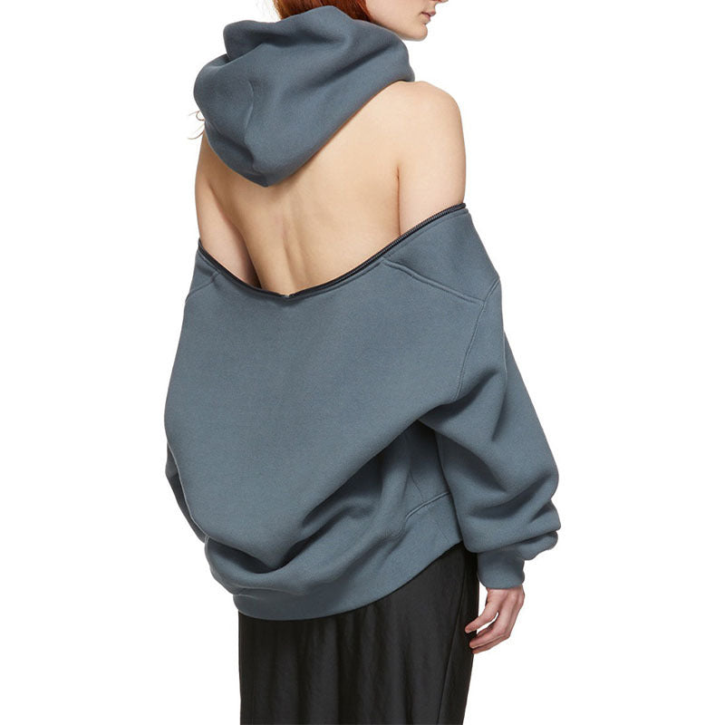 Fashion Spring New Loose Coat Zipper Off-The-Shoulder Hoodie Plus Fleece Thick Hoodie Female Tide