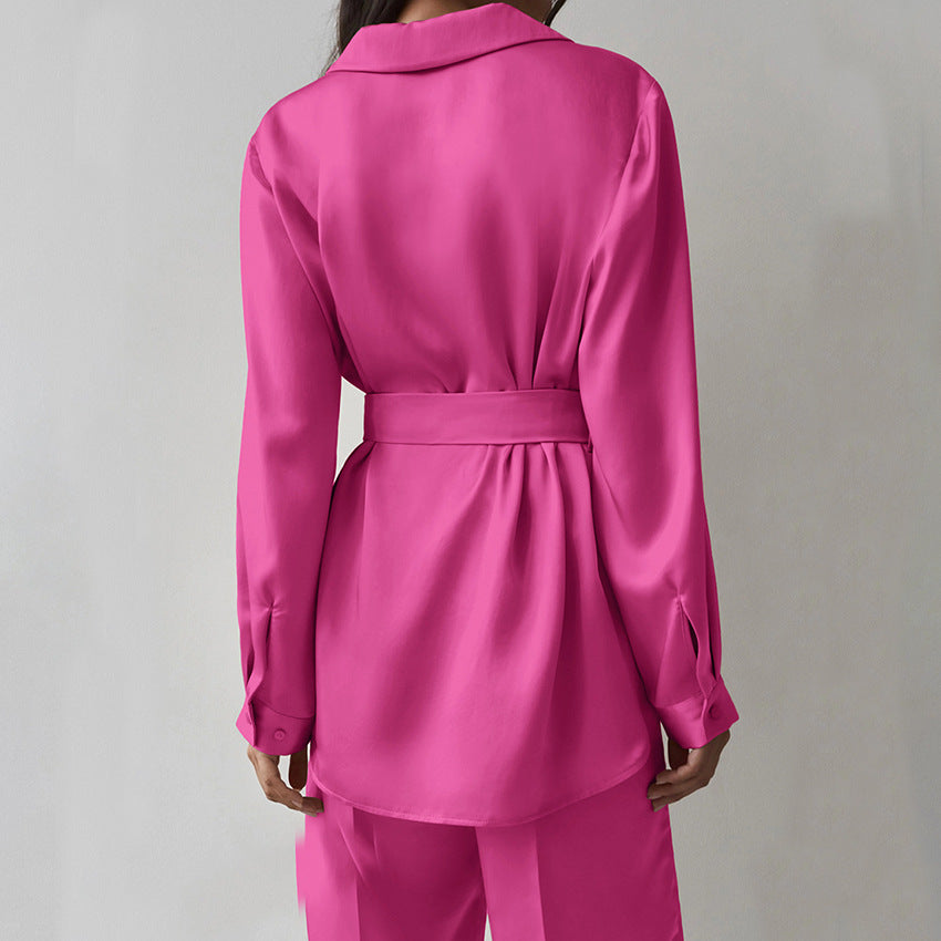 Khaki Suit Collar Feather High Waist Elastic Satin Suit New Spring Fashion Woman