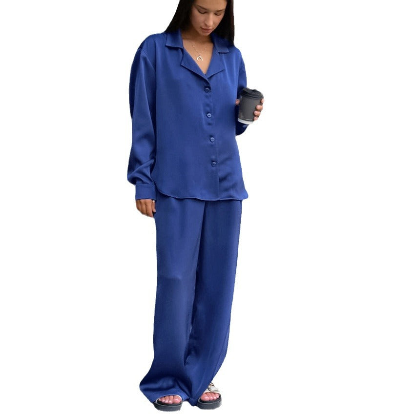 Autumn Fashion Casual Imitation Acetate T-Blue Lapel Long Sleeve Shirt And Trousers Two-Piece Set Of Home Wear Women
