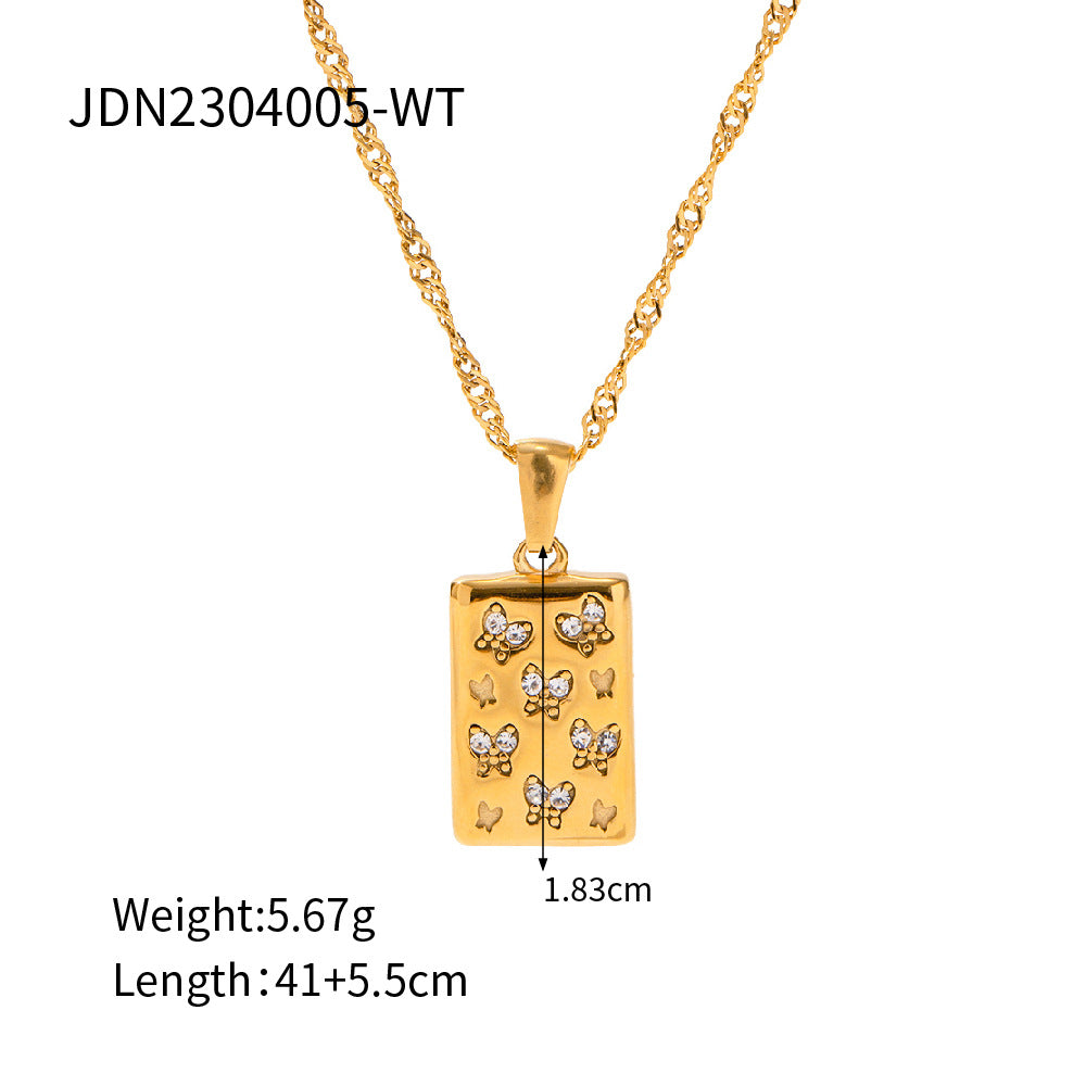 5pcs 18K Gold Stainless Steel Necklace Vintage Collar Fashion Style Square Butterfly Pendant Necklace With White Diamond