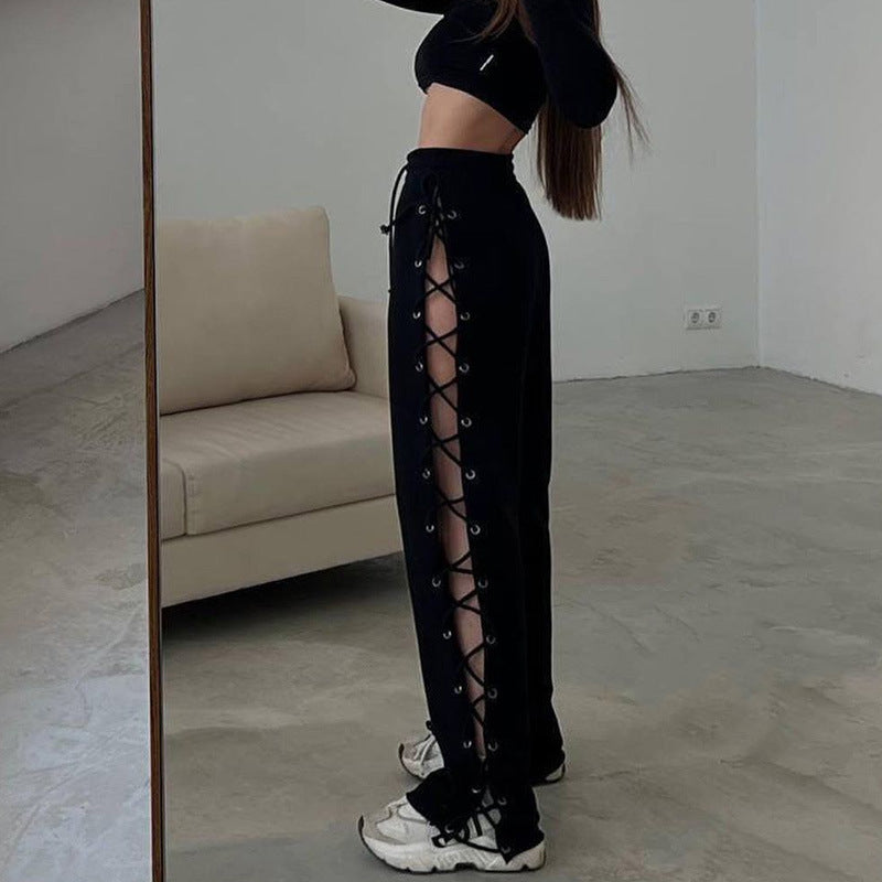 Summer Style Street All Slim Side Slit Lacing With Hollow-Out Wide-Leg Pants Women