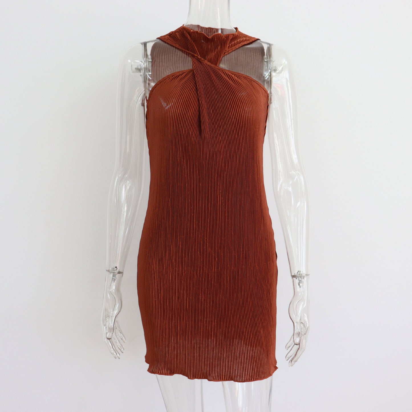 Y2K Wind Round Neck Knot Off-Shoulder Short Skirt Women's Summer New Pleated Sexy Dress