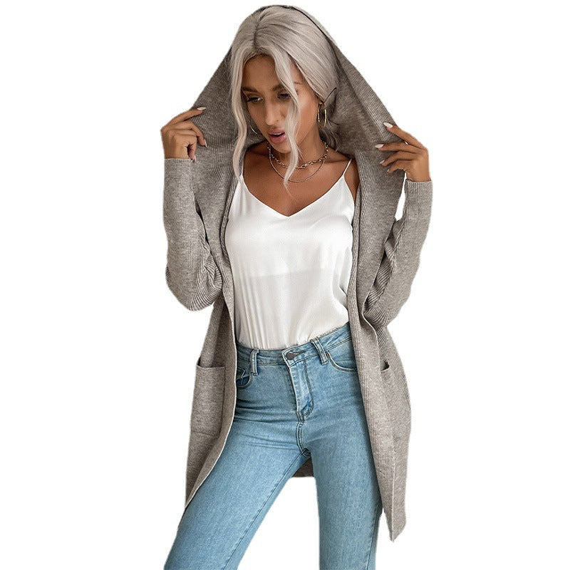 Autumn and Winter Women's Hooded Knitted Sweater Cardigan Coat