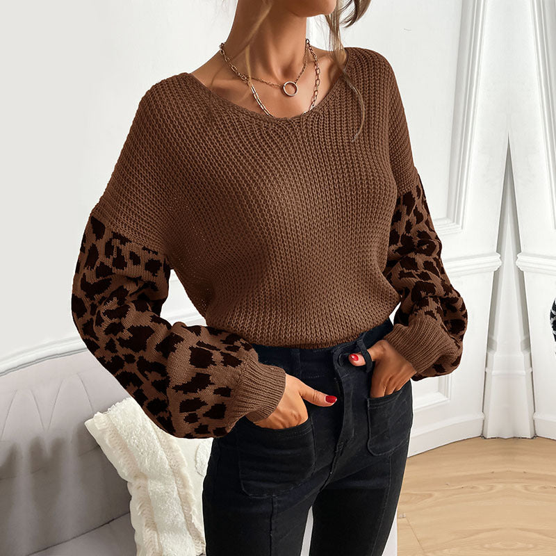Autumn New Women's Thin Round Neck Knitted Jumper Leopard Print Sweater Woman