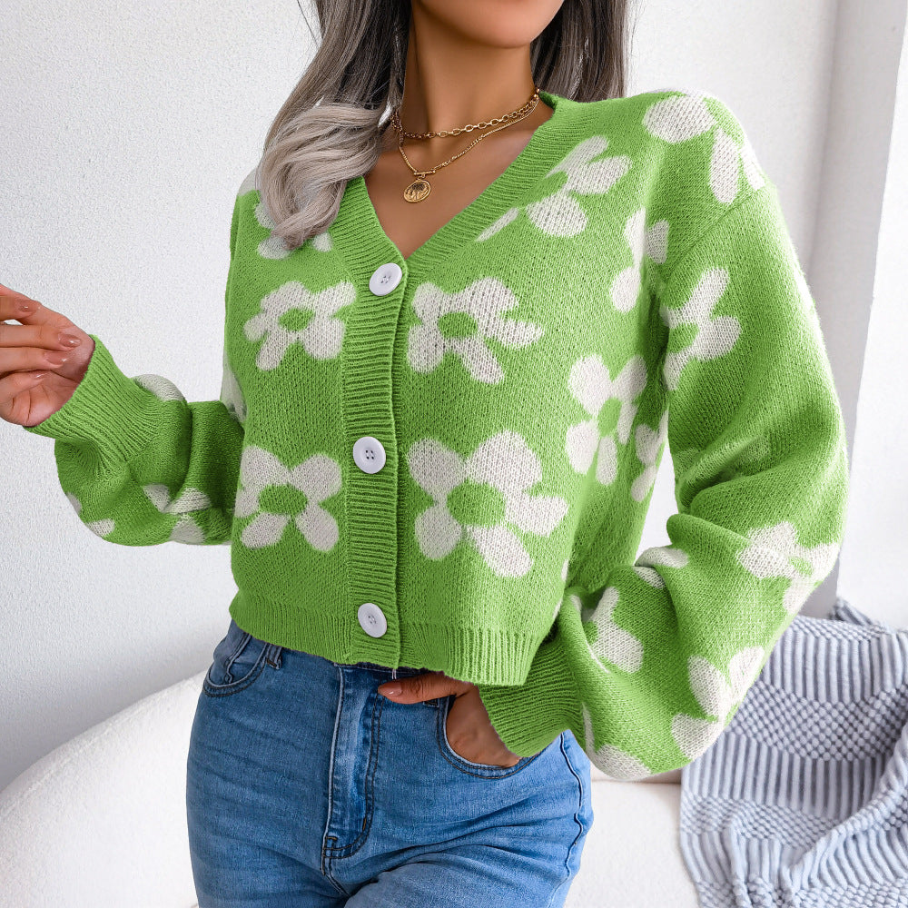 Wind Autumn And Winter Fashion Color Contrast Flowers Lantern Sleeve Cardigan Sweater Coat Women's Wear