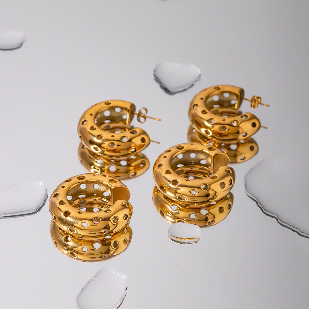 5pcs Fashion 18K Gold Stainless Steel Round Hollow C-Shaped Earrings Clip Combination Earrings Studs