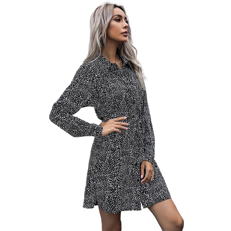 Early Autumn Shirt Dress Solid Color Lapel Leopard Print Long-Sleeved Dress