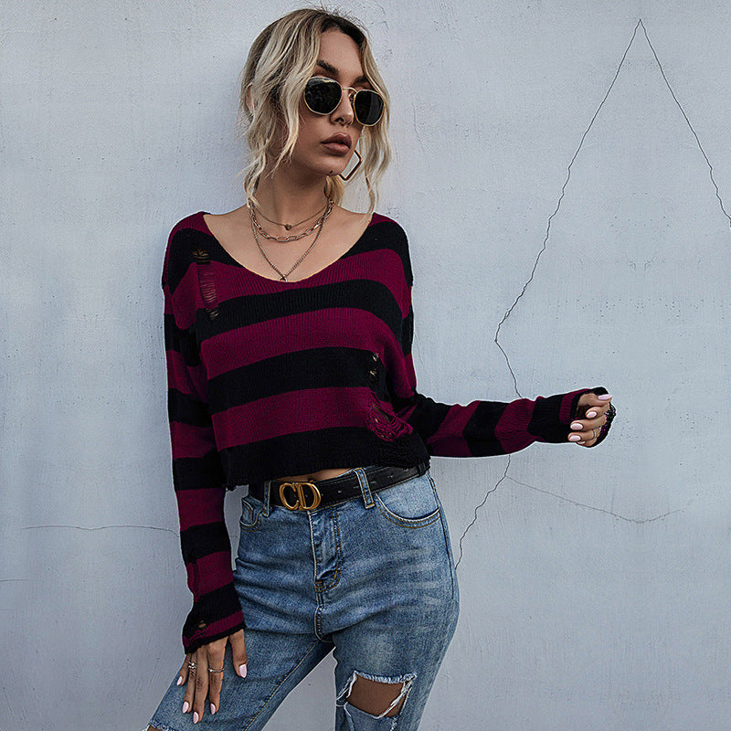 Autumn Women's Striped V-Neck Loose Short Knit Bottom Sweater Women Long Sleeves Sexy