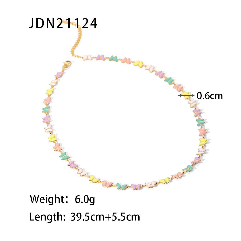 5pcs Women's Fashion 100 Accessorize With 18-Karat Gold Stainless Steel Dripping Bracelet Colorful Enamel Butterfly Collar Necklace Set