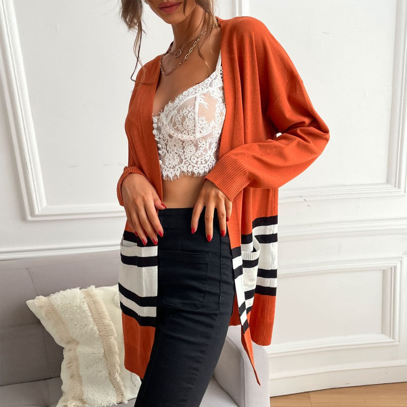 Autumn Fashion Women's Long-Sleeved Color Matching Long Sweater Cardigan