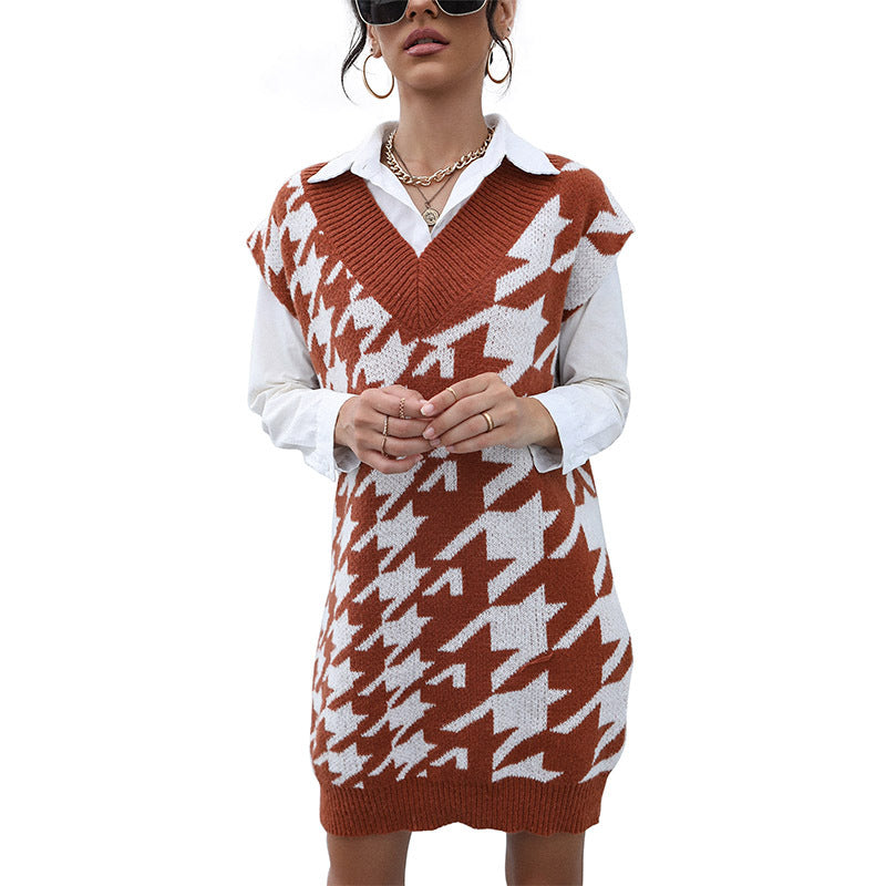 Fashion Women's Casual Long-Sleeved Thousand Bird Lattice Autumn And Winter Sweater Dress Wear