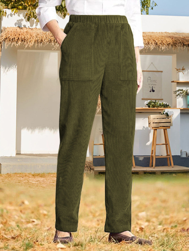 New Women's Clothing Solid Color Elastic Waist Striped Straight Leg Casual Pants