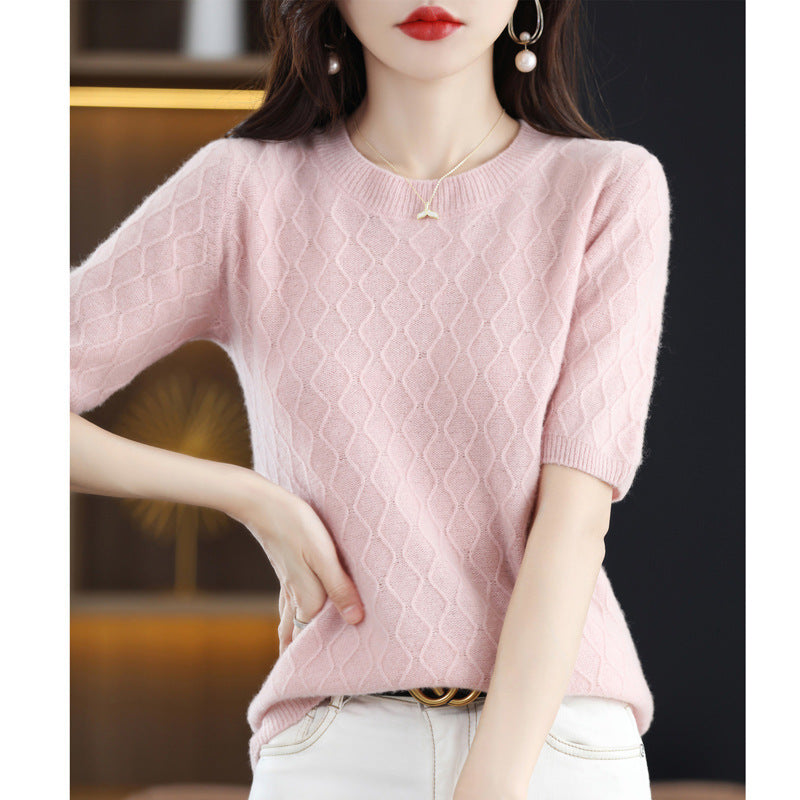 New 100% Pure Woolen Sweater Women Round Neck Short Sleeve Bottom Shirt Fashion Half Sleeve Knitted Top Fashion Pattern