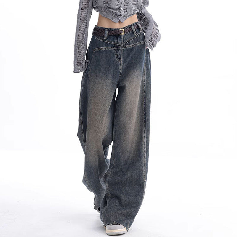 Early Fall New Wash Water Nostalgic Raw Hem Jeans Women's Vintage Wide-Leg Pants