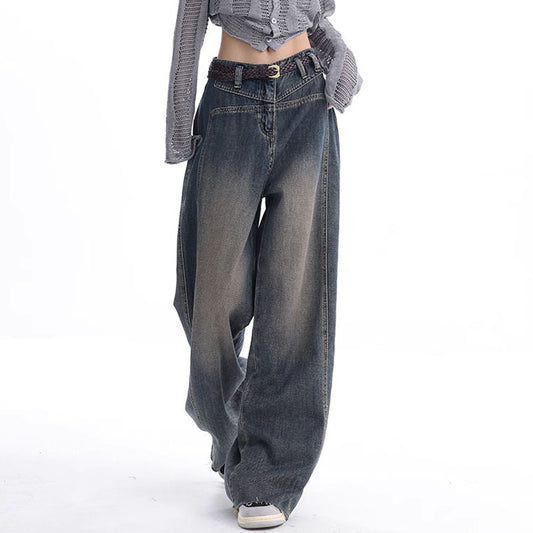 Early Fall New Wash Water Nostalgic Raw Hem Jeans Women's Vintage Wide-Leg Pants
