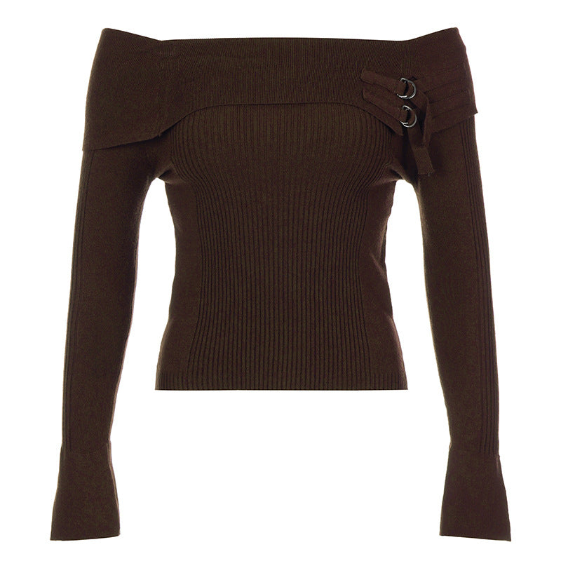 Brown One-Line Neck Sweater Women's Fall And Winter New Off-Shoulder Slim-Fit Bottom Jumper Knitted Long-Sleeved T-Shirt