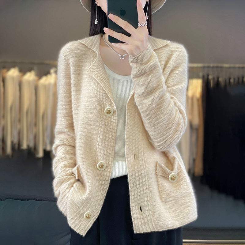 Autumn And Winter Knitted Suit Collar Loose Sweater Coat Slimming Top Knitted Sweater Pure Wool Cardigan Women