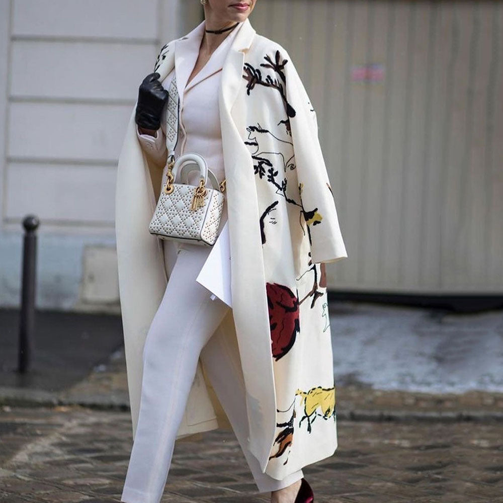 New Autumn Women's Long Sleeve Lapel Coat Printed Wool Long Coat