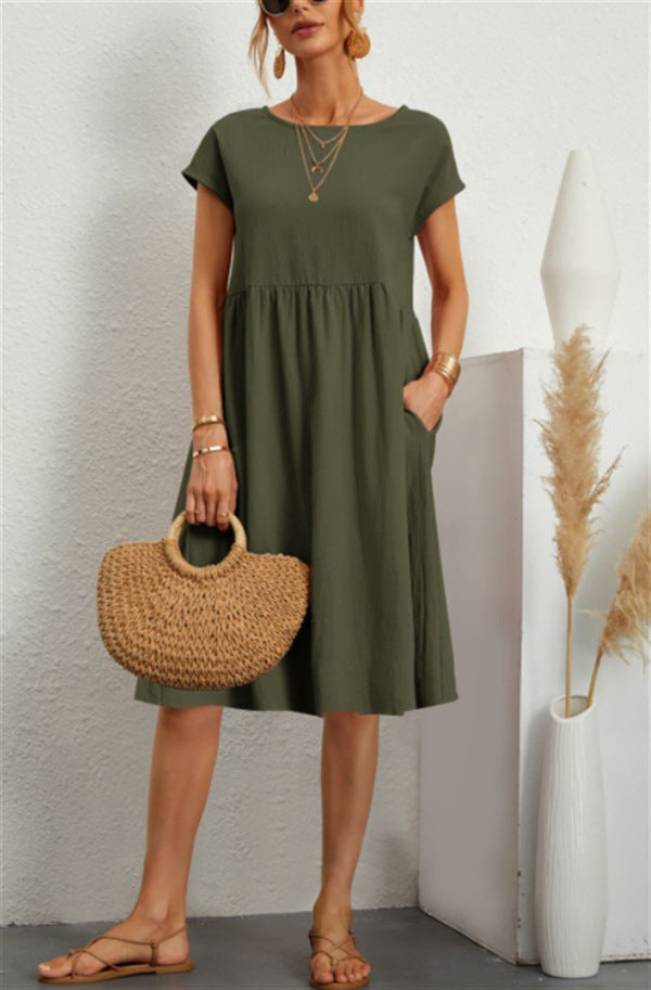 Fashion Ol Quality Women's Solid Color Cotton Linen Round Neck Set A-Line Skirt Dress