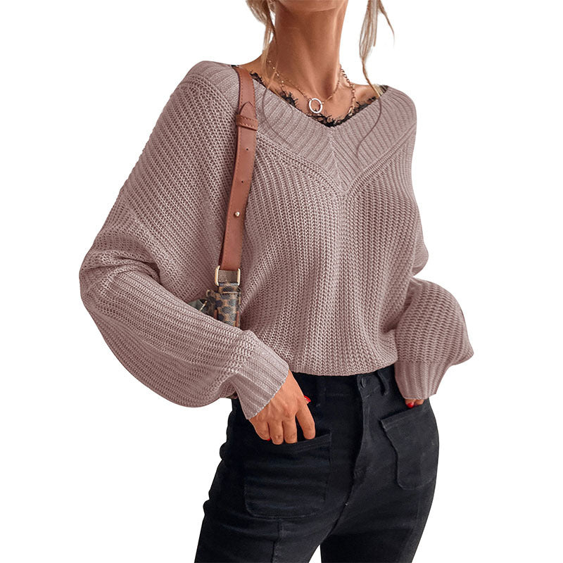 Autumn New Women's Stitching Lace Pullover Solid Color Knit Sweater Women