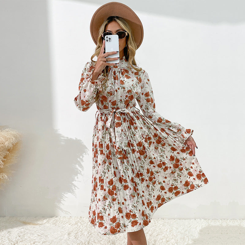 Fashion Women's Print Long-Sleeved Semi-High-Neck Dress