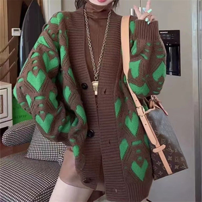 Wind Sweater Female Autumn And Winter New Loose And Lazy Wind Love Version Of Combination Color Hollow-Out Sweater Female Blouse